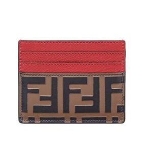 Fendi Red/Brown Zucca Print Leather Card Holder comes in original packaging bran